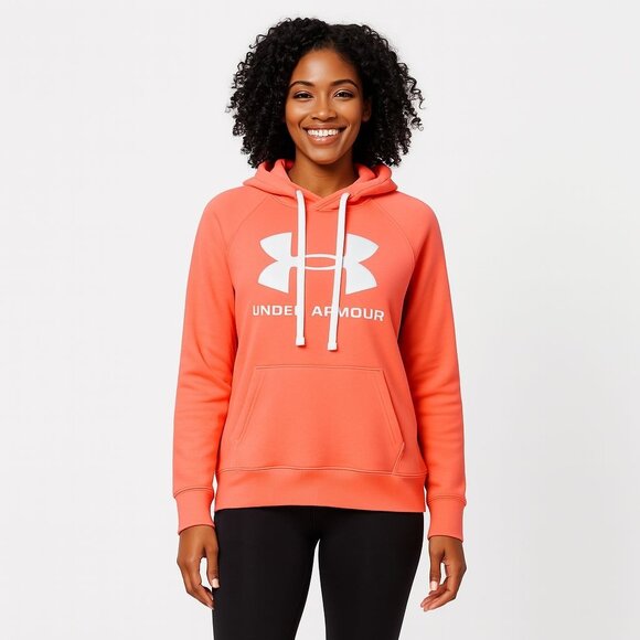 Under Armour Women’s Hoodie SZ Large Coral Orange Logo Pullover Fleece Fall Soft - Picture 5 of 9